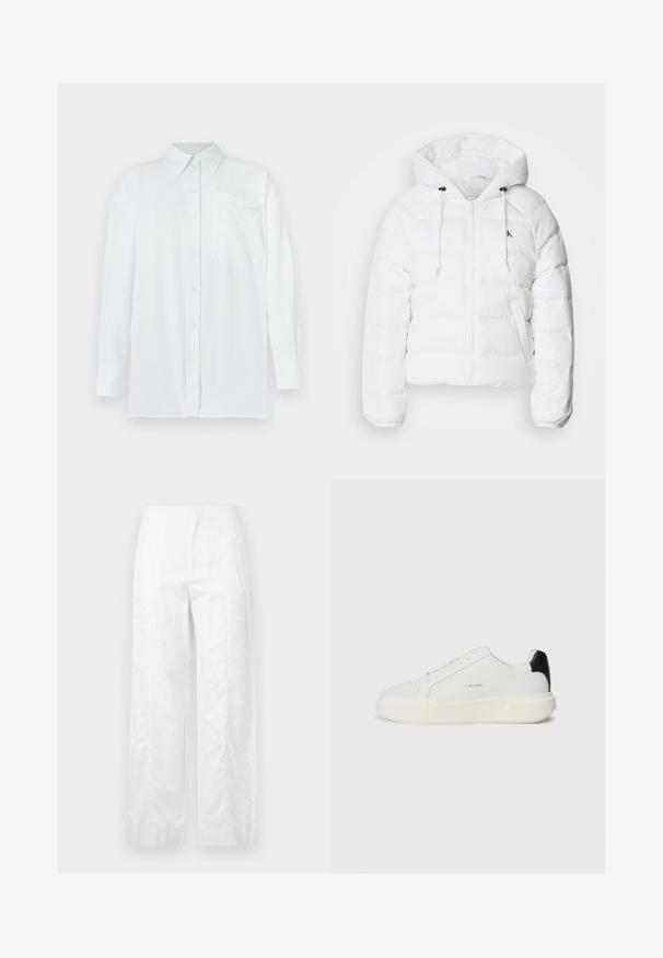 Calvin Klein Jeans LIGHTWEIGHT LOGO PUFFER - Giacca invernale - snow white; Camicia azzurra chiara con colletto, maniche lunghe e taschino sul petto. Il tessuto appare liscio con una sottile consistenza; presenta bottoni gialli.; Pantaloni bianchi a gamba larga realizzati in tessuto leggero, con una texture liscia, linee pulite e un design a vita alta.; Sneaker bianco con tomaia in pelle liscia, punta tonda, chiusura con lacci e un contrasto di colore nero sul tallone. Presenta una suola in gomma testurizzata.