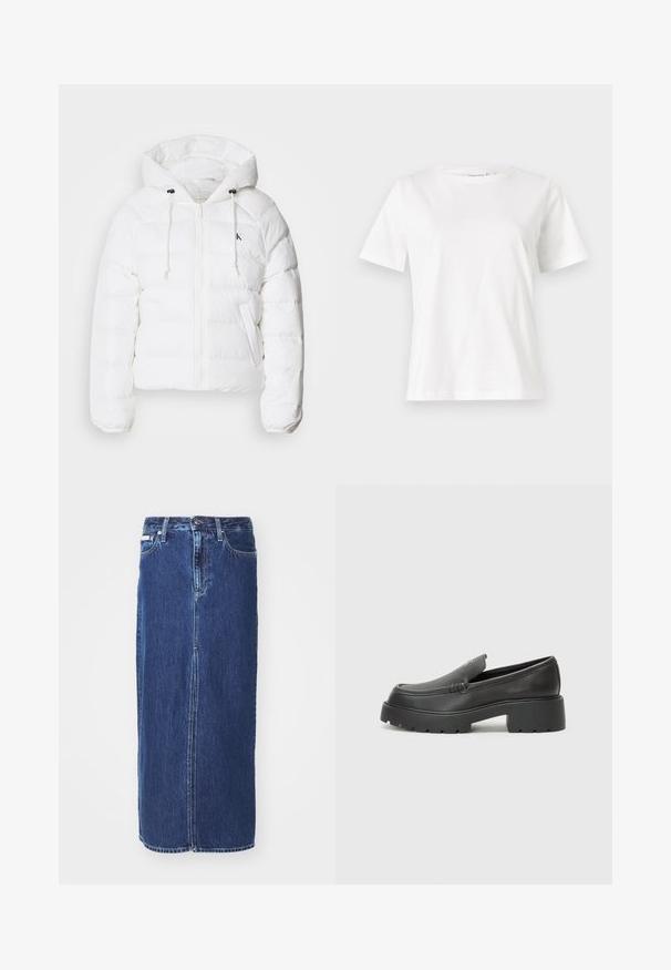 Calvin Klein Jeans LIGHTWEIGHT LOGO PUFFER - Vinterjakke - snow white; Hvit bomull t-skjorte med korte ermer, rund hals og avslappet passform. Glatt tekstur, ingen mønstre eller detaljer, minimalistisk design.; Jeanskjørt i mørkeblått, kne-langt, med splitt foran, tradisjonell midje og fem lommer med kontraststing.; Sorte skinnloafers med rund tå, tykk teksturert såle og minimale sømdetaljer. Strømlinjeformet design uten synlige snørebånd eller hardvarer.