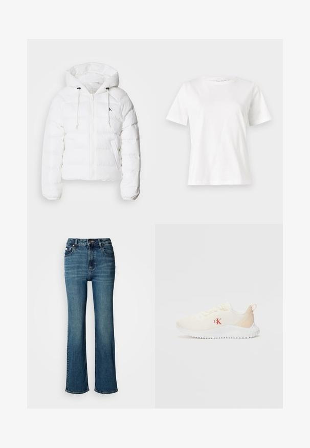 Calvin Klein Jeans LIGHTWEIGHT LOGO PUFFER - Winterjas - snow white; Witte katoenen t-shirt met korte mouwen, ronde halslijn en een ontspannen pasvorm. Gladde textuur, geen patronen of accenten, minimalistisch ontwerp.; Hogwaardige blauwe jeans van denim, met een rechtzittend ontwerp, subtiele vervaging en een standaard knoop- en ritssluiting.; Witte mesh sneakers met een gestructureerd oppervlak, lichtbeige accenten, een verhoogde witte zool en een rood "CK" logo op de zijkant.