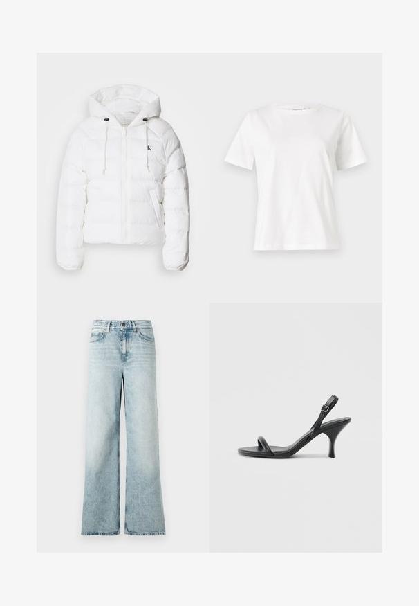 Calvin Klein Jeans LIGHTWEIGHT LOGO PUFFER - Casaco de inverno - snow white; T-shirt de algodão branco com mangas curtas, decote redondo e um corte descontraído. Textura suave, sem padrões ou detalhes, design minimalista.; Jeans de perna larga, em azul claro, feitos de denim, com uma cintura alta, bainha curta e uma textura suave com detalhes desbotados.; Sandálias de salto alto em couro preto com um salto curvado e fino e um design de tiras cruzadas. Correia ajustável no tornozelo. Textura suave.