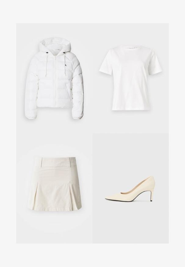 Calvin Klein Jeans LIGHTWEIGHT LOGO PUFFER - Zimná bunda - snow white; Biela bavlnená tričko s krátkymi rukávmi, okrúhlym výstrihom a voľným strihom. Hladká textúra, bez vzorov alebo akcentov, minimalistický dizajn.; Svetlo béžová bavlnená sukňa s priliehavým pásom, skladaným dizajnom a priamym lemom, s hladkou textúrou a bez viditeľného kovania.; Biele kožené lodičky na vysokom opätku s ostrou špičkou, hladkou textúrou a čiernym akcentom na podrážke. Klasický dizajn so strednou výškou opätku.