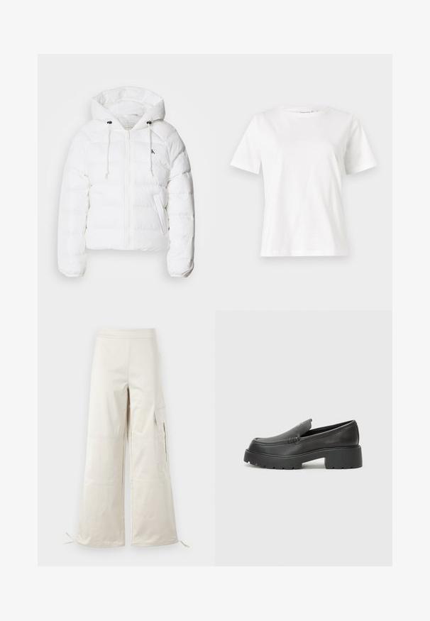 Calvin Klein Jeans LIGHTWEIGHT LOGO PUFFER - Zimska jakna - snow white; Bela bombažna majica s kratkimi rokavi, okroglo izrezana in ohlapnega kroja. Gladka tekstura, brez vzorcev ali dodatkov, minimalističen dizajn.; Bež hlače širokih nogavice iz lahkega materiala, z večjimi žepi in nastavljivimi vezalkami na robovih za prilagodljiv fit.; Črne usnjene loafers čevlje z zaobljenim nosom, debelim teksturiranim podplatom in minimalnimi šivi. Elegantna zasnova brez vidnih vezalk ali kovinskih delov.