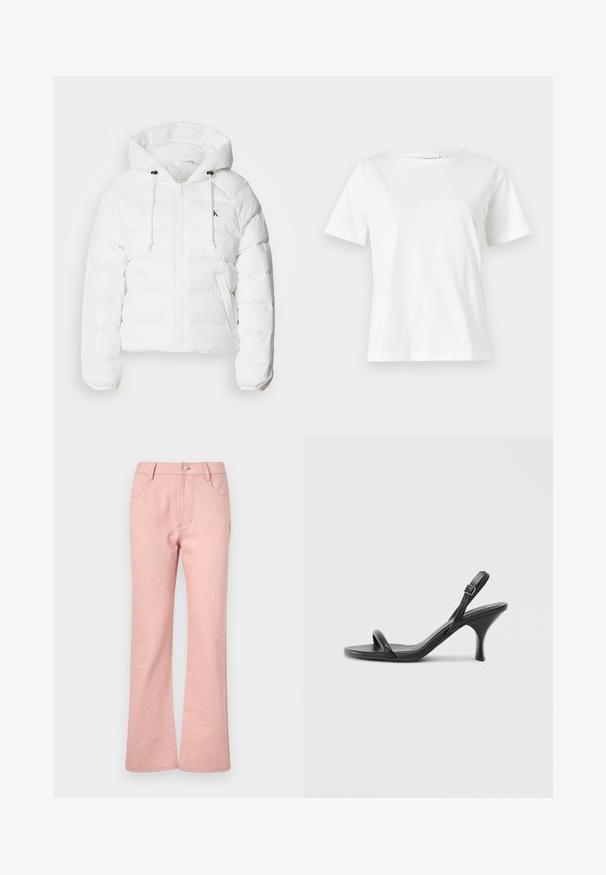 Calvin Klein Jeans LIGHTWEIGHT LOGO PUFFER - Jachetă de iarnă - snow white; Tricou alb din bumbac cu mâneci scurte, guler rotund și o croială relaxată. Textură netedă, fără imprimeuri sau accente, design minimalist.; Pantaloni evazați din denim roz, cu cinci buzunare, închidere cu nasture și un material texturat ce prezintă puncte subtile multicolore pe întreaga suprafață.; Sandale cu toc înalt din piele neagră, cu un toc subțire și curbat și un design cu curea încrucișată. Curea la gleznă ajustabilă. Textură netedă.