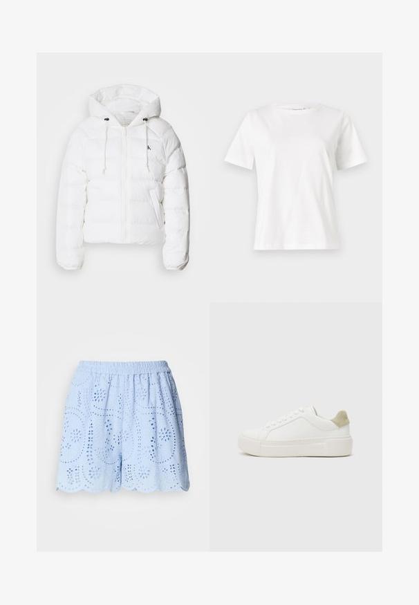 Calvin Klein Jeans LIGHTWEIGHT LOGO PUFFER - Winter jacket - snow white; White cotton t-shirt with short sleeves, round neckline, and a relaxed fit. Smooth texture, no patterns or accents, minimalistic design.; Light blue, cotton shorts with embroidered cut-out patterns, elastic waistband, and scalloped hem. Features floral and leaf designs.; White sneaker with a smooth leather upper, light grey suede heel accent, and a chunky white rubber sole. Features a lace-up design.