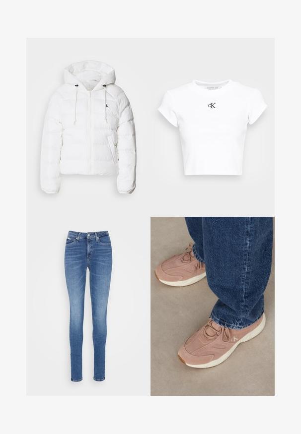 Calvin Klein Jeans LIGHTWEIGHT LOGO PUFFER - Zimska jakna - snow white; Bela skrajšana majica iz rebraste tkanine. Ima okroglo izreznico in kratke rokave. Črn vezen "cK" logotip na prsih.; Tanek jeans v srednji modri denimu, s poudarjeno višjo pasom, gladko teksturo, dvema sprednjima žepoma in enim zadnjim žepom.; Svetlo roza športni čevlji z teksturirano semiš zgornjimi materiali, s belim podplatom in subtilnim logotipom, v kombinaciji s temno modrimi jeans hlačami.