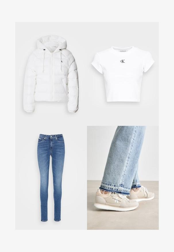Calvin Klein Jeans LIGHTWEIGHT LOGO PUFFER - Téli dzseki - snow white; Fehér, rövidített póló, bordás anyagból készült. Kerek nyakkivágással és rövid ujjakkal rendelkezik. Fekete hímzett "cK" logó található a mellkasán.; Közepes kék farmer skinny jeans, magas derékkal, sima textúrával, két elülső zsebbel és egy hátsó zsebbel.; Calvin Klein Jeans RUNNER - Sportcipő - eggshell/whisper pink