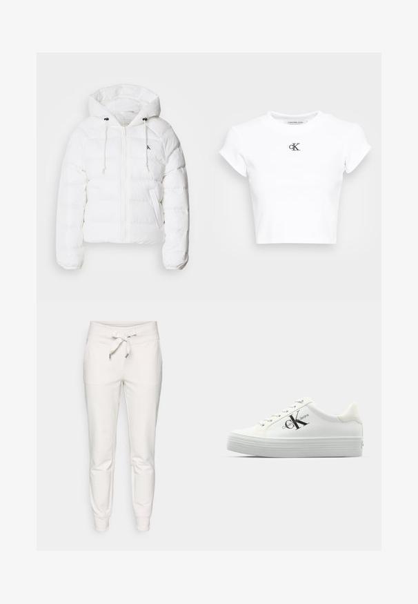 Calvin Klein Jeans LIGHTWEIGHT LOGO PUFFER - Zimska jakna - snow white; Bela skrajšana majica iz rebraste tkanine. Ima okroglo izreznico in kratke rokave. Črn vezen "cK" logotip na prsih.; Bela trenirka iz mehkega materiala, z vrvico v pasu, elastičnimi manšetami in dvema stranskima žepoma za praktičnost.; Bele platform superge z gladkim umetnim zgornjim delom, toniranimi vezalkami in črnim logotipom. Dvignjen gumijast podplat ima vodoravne utore za oprijem.