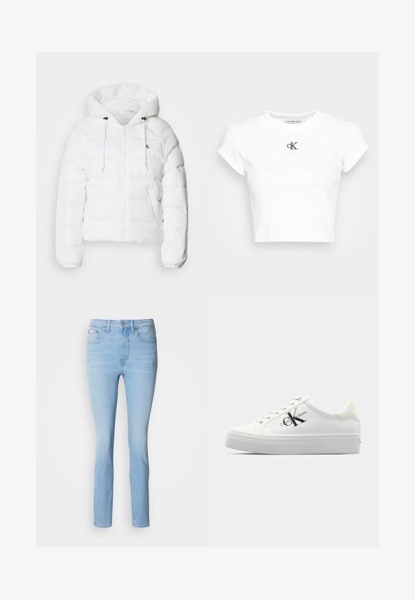 Calvin Klein Jeans LIGHTWEIGHT LOGO PUFFER - Vinterjakke - snow white; Hvit kortermet t-skjorte laget av ribbestrikket stoff. Har rund halslinning og korte ermer. Svart brodert "cK"-logo på brystet.; Lyseblå denimjeans med slank passform, fem lommer, knappelås og subtil fading. Rett snitt ved anklene.; Hvite plattform-sneakers med glatt syntetisk overdel, tonale lisser og en svart logo. Den hevede gummisålen har horisontale riller for bedre grep.