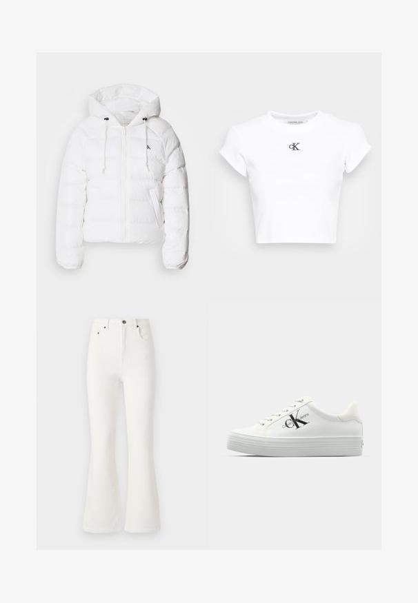 Calvin Klein Jeans LIGHTWEIGHT LOGO PUFFER - Chaqueta de invierno - snow white; Camiseta corta blanca hecha de tela acanalada. Presenta un escote redondo y mangas cortas. Logotipo "cK" bordado en negro en el pecho.; Jeans blancos acampanados de denim. Diseño de talle alto con bolsillos frontales y cierre de botón. Textura suave y detalles de costura mínimos.; Zapatillas blancas de plataforma con parte superior sintética lisa, cordones tonales y un logotipo negro. La suela de goma elevada presenta estrías horizontales para mayor tracción.