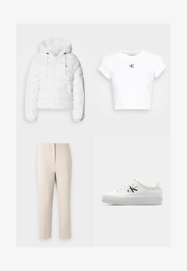 Calvin Klein Jeans LIGHTWEIGHT LOGO PUFFER - Vinterjakke - snow white; Hvit kortermet t-skjorte laget av ribbestrikket stoff. Har rund halslinning og korte ermer. Svart brodert "cK"-logo på brystet.; Beige bukser med skreddersydd passform, rett ben og ren front søm. Laget av glatt stoff med en subtil glans, uten synlig maskinvare.; Hvite plattform-sneakers med glatt syntetisk overdel, tonale lisser og en svart logo. Den hevede gummisålen har horisontale riller for bedre grep.