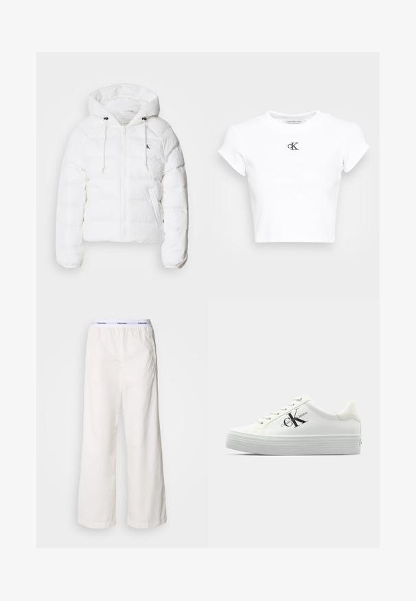 Calvin Klein Jeans LIGHTWEIGHT LOGO PUFFER - Ziemas jaka - snow white; Balta īsa krekla versija, izgatavota no ribota auduma. Tam ir apaļa kakla izgriezums un īsas piedurknes. Uz krūtīm melns izšūts "cK" logo.; Baltās platās bikses ar elastīgu jostu, kurai ir kontrastējošs Calvin Klein logo. Izgatavotas no gludas auduma, tās nodrošina brīvu piegriezumu.; Baltās platformas kedas ar gludu sintētisku augšdaļu, tonalitātes auklām un melnu logo. Paaugstinātā gumijas zole ir aprīkota ar horizontālām rievām, lai nodrošinātu saķeri.