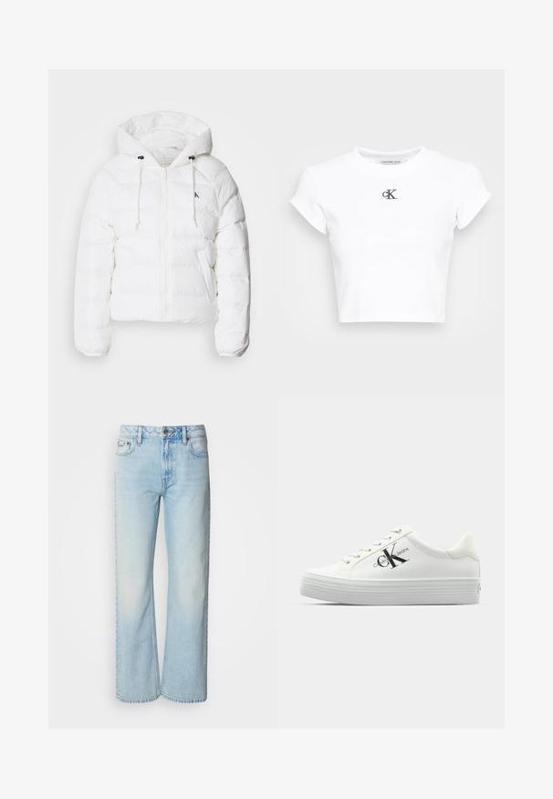 Calvin Klein Jeans LIGHTWEIGHT LOGO PUFFER - Vinterjakker - snow white; Hvid cropped t-shirt lavet af ribbet stof. Har en rund halsudskæring og korte ærmer. Sort broderet "cK" logo på brystet.; Lyseblå brede jeans lavet af denim med et klassisk fem-lomme design og en subtil falmet tekstur. Denim-syninger er synlige.; Hvide platform sneakers med glat syntetisk overdel, tonede snørebånd og et sort logo. Den forhøjede gummisål har vandrette riller for bedre greb.