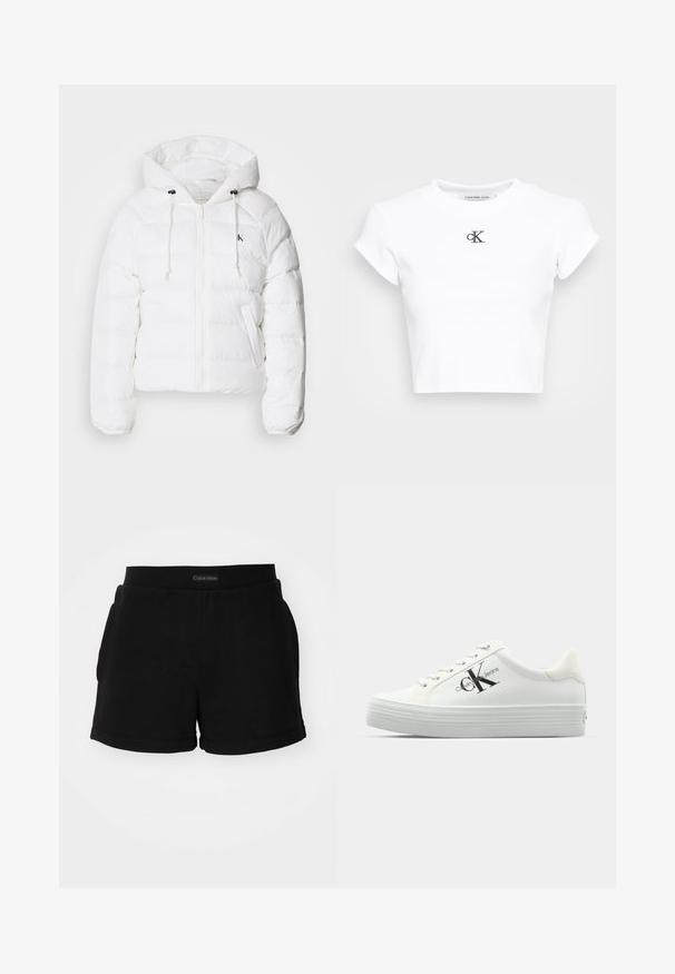 Calvin Klein Jeans LIGHTWEIGHT LOGO PUFFER - Vinterjakke - snow white; Hvit kortermet t-skjorte laget av ribbestrikket stoff. Har rund halslinning og korte ermer. Svart brodert "cK"-logo på brystet.; Sorte bomullsshorts med ribbestrikket midjebånd, sidelommer og avrundetkant. Logo vist på midjebåndet.; Hvite plattform-sneakers med glatt syntetisk overdel, tonale lisser og en svart logo. Den hevede gummisålen har horisontale riller for bedre grep.