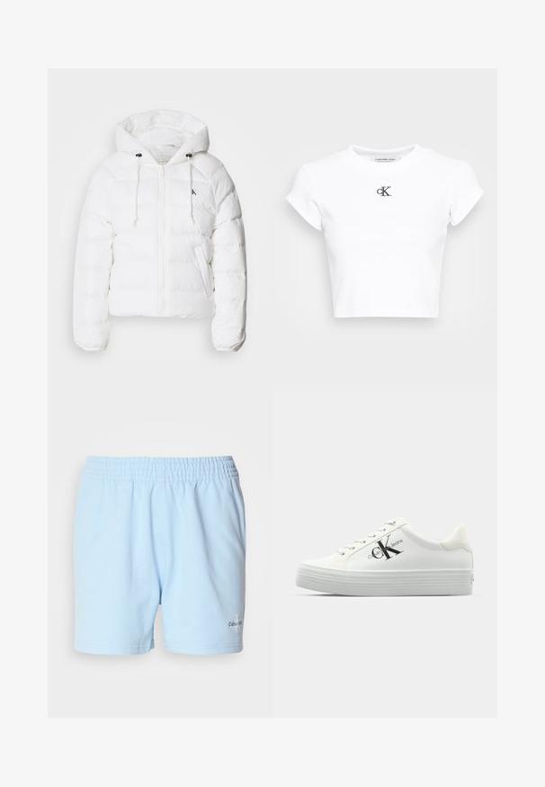 Calvin Klein Jeans LIGHTWEIGHT LOGO PUFFER - Talvejope - snow white; Valge lühikese varrukaga lõhiku t-särk, mis on valmistatud ribakanga. Omab ümmargust kaelust ja lühikesi varrukaid. Rinnal on must tikandiga "cK" logo.; Heledad sinine lühike püksid elastse vööga, millel on "Calvin Klein" logo hemmi lähedal, esitatud neutraalses taustas.; Valged platvormi tennisetossud, milles on sile sünteetiline pealis, toon-tooniga paelad ja must logo. Tõstetud kummist talla külgedel on horisontaalsed sooned, et tagada haardumine.