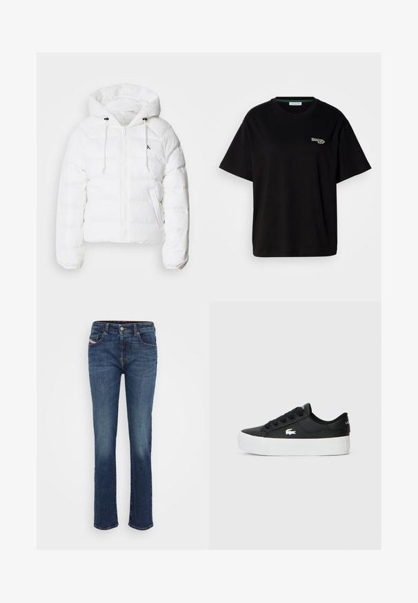 Calvin Klein Jeans LIGHTWEIGHT LOGO PUFFER - Winterjas - snow white; Zwarte katoenen t-shirt met korte mouwen, voorzien van een klein groen logo op de linkerkant van de borst. Klassieke ronde hals en een relaxte pasvorm.; Blauwe spijkerbroek met een rechte pijp, voorzien van vijf zakken, een knoop- en ritsluiting, en subtiele stiksels.; Zwarte lage sneaker gemaakt van synthetisch materiaal, met een witte rubberen zool, zwarte veters en een klein wit logo aan de zijkant.