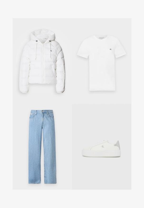 Calvin Klein Jeans LIGHTWEIGHT LOGO PUFFER - Zimní bunda - snow white; Bílý bavlněný tričko s krátkými rukávy a kulatým výstřihem. Má malé černé logo "ck" na levé části hrudi. Hladká textura.; Světle modré široké džíny vyrobené z denimu, s středním pasem, kovovým knoflíkem a pěti kapsami s viditelnými švy.; Bílé plátěné tenisky s tlustou bílou podrážkou, s metalickým stříbrným akcentem na patě a jemným logem na boku.