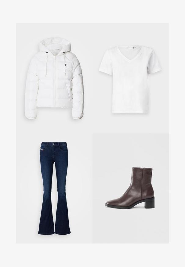 Calvin Klein Jeans LIGHTWEIGHT LOGO PUFFER - Zimska jakna - snow white; Bijela kratkih rukava majica s V-izrezom, izrađena od pamuka, s mekanom teksturom i klasičnim krojem. Oznaka vidljiva na izrezu.; Tamno plave trapezaste traperice s glatkom teksturom, koje imaju prednje džepove, zatvaranje na dugme i suptilnu oznaku brenda sa strane.; Tamno smeđe kožne gležnjače sa kvadratnim vrhom, blok petom i suptilnim ugraviranim logom blizu vrha na ravnoj bijeloj pozadini.
