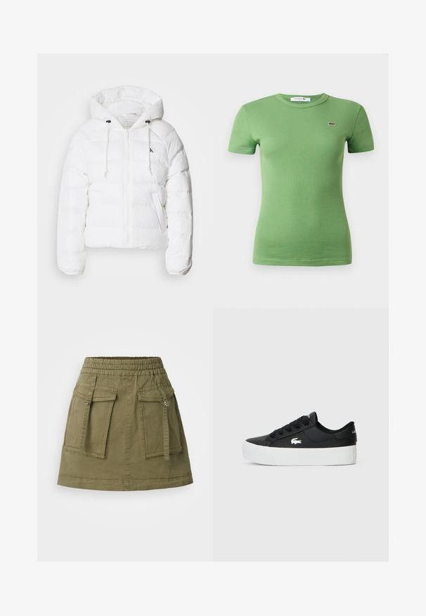 Calvin Klein Jeans LIGHTWEIGHT LOGO PUFFER - Vinterjakke - snow white; Grønn ribbestrikket t-skjorte i bomull med korte ermer, rund hals og en liten brodert logo på brystet.; Olivenfarget skjørt laget av bomullsblandingsstoff, med elastisk liv, to frontlommer og rett fald.; Sorte lavtopp sneakers laget av syntetisk materiale, med hvit gummisåle, svarte snørebånd og en liten hvit logo på siden.
