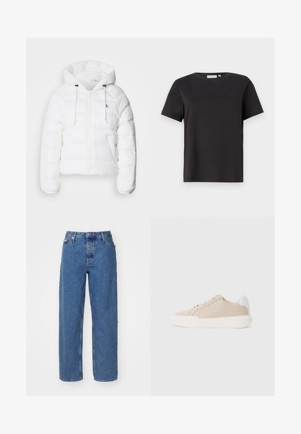 Calvin Klein Jeans LIGHTWEIGHT LOGO PUFFER - Zimska jakna - snow white; Črna bombažna majica s kratkimi rokavi, okroglim izrezom in preprostim, čistim dizajnom. Brez vidnih vzorcev ali okraskov.; Svijetloplave traperice s visokim strukom, ravnih nogavica, pet džepova i malo izblijedjelom teksturom. Zatvaranje s zakovicom i gumbom.; Bežna usnjena športna obutev z belim zadnjim detajlom, ravnim belim podplatom in tonskim šivanjem ter logotipom na strani.