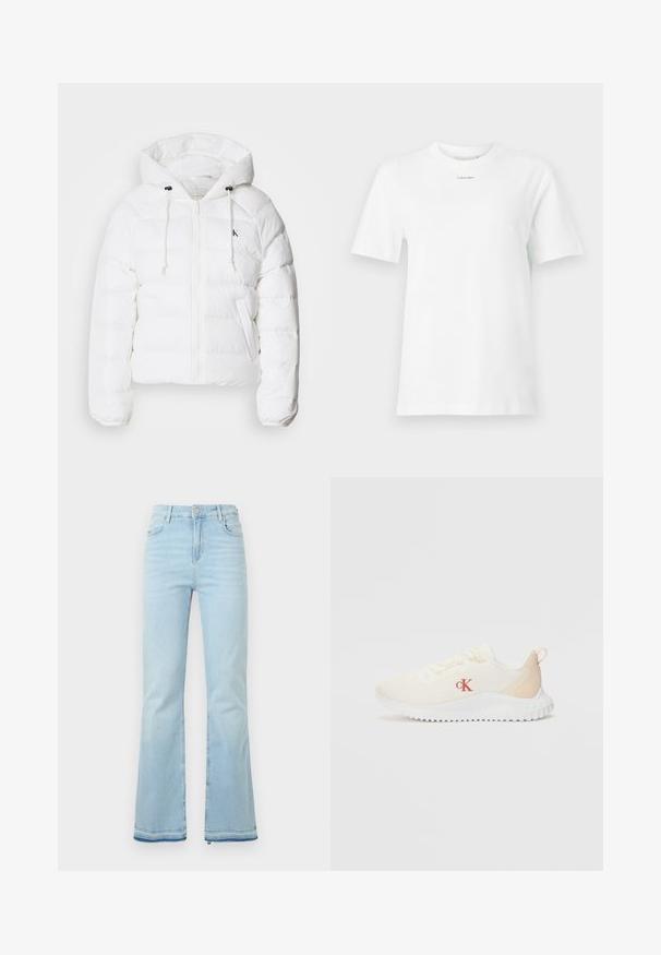 Calvin Klein Jeans LIGHTWEIGHT LOGO PUFFER - Winterjacke - snow white; Weißes Baumwoll-T-Shirt mit Rundhalsausschnitt, kurzen Ärmeln und einem kleinen schwarzen "Calvin Klein"-Logo auf der Brust. Schlichtes Design, keine Muster.; Hellblaue Schlagjeans aus Denim, mit hoher Taille, Vordertaschen und einem rohen Saum an den Bündchen für einen lässigen Look.; Weißes Mesh-Sneaker mit strukturierter Oberfläche, hellbeige Akzenten, einer erhöhten weißen Sohle und einem roten "CK"-Logo an der Seite.