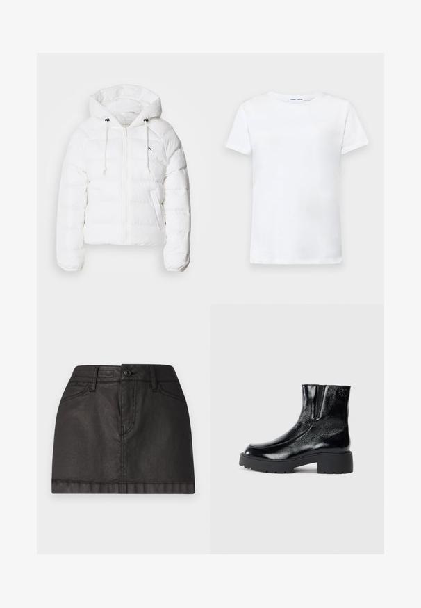 Calvin Klein Jeans LIGHTWEIGHT LOGO PUFFER - Vinterjakke - snow white; Hvit kortermet t-skjorte laget av bomull med rund hals-design. Glatt tekstur og rett snitt, uten mønstre eller detaljer.; Svart denim mini-skjørt med frontknappåpning, beltehanker og to frontlommer. Glatt tekstur med subtil glans.; Svarte ankelstøvler med en blank lakkfinish, kraftig svart gummisåle og hevet hæl; inkluderer subtile logo-detaljer på siden.