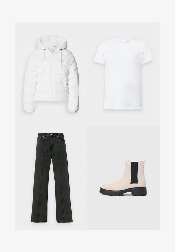 Calvin Klein Jeans LIGHTWEIGHT LOGO PUFFER - Téli dzseki - snow white; Fehér, rövid ujjú póló, pamutból készült, kerek nyakkivágással. Sima textúrájú, egyenes vonalú, minta vagy díszítés nélkül.; Magas derekú, bőszárú farmer sötétszürke színben. Klasszikus ötlovas zsebmintával és látható varrással az elülső varratokon.; Beige velúr Chelsea csizma fekete elasztikus oldalsó panellel, tömzsi fekete talppal és fülekkel a bokánál.