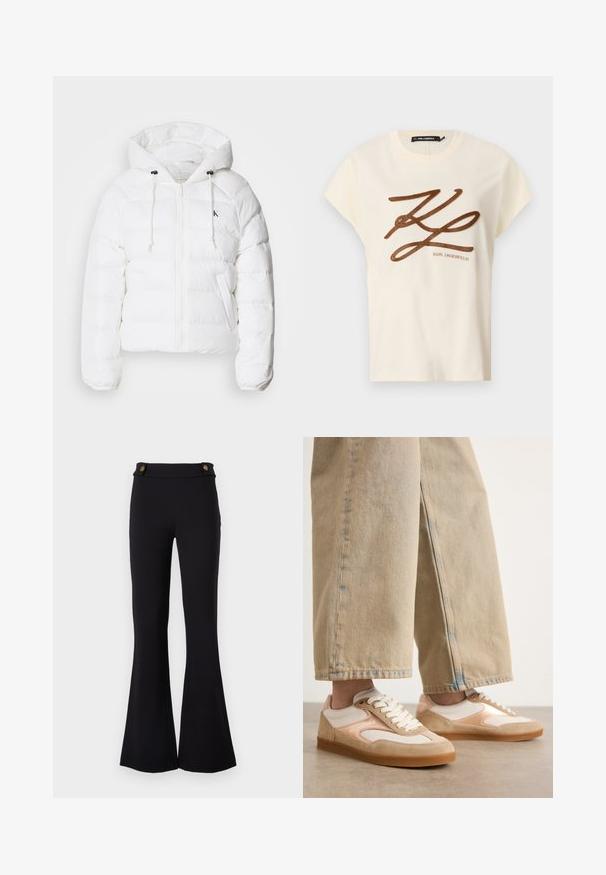 Calvin Klein Jeans LIGHTWEIGHT LOGO PUFFER - Winter jacket - snow white; Cream-colored cotton t-shirt with short sleeves, featuring a brown embroidered logo and script design on the front.; Black flared pants made of stretchy material. Features two gold-tone buttons at the waist. Smooth texture and fitted through the hips.; Tan and cream sneakers with a suede and mesh design, featuring a lace-up closure and rubber soles, paired with tan wide-leg jeans.