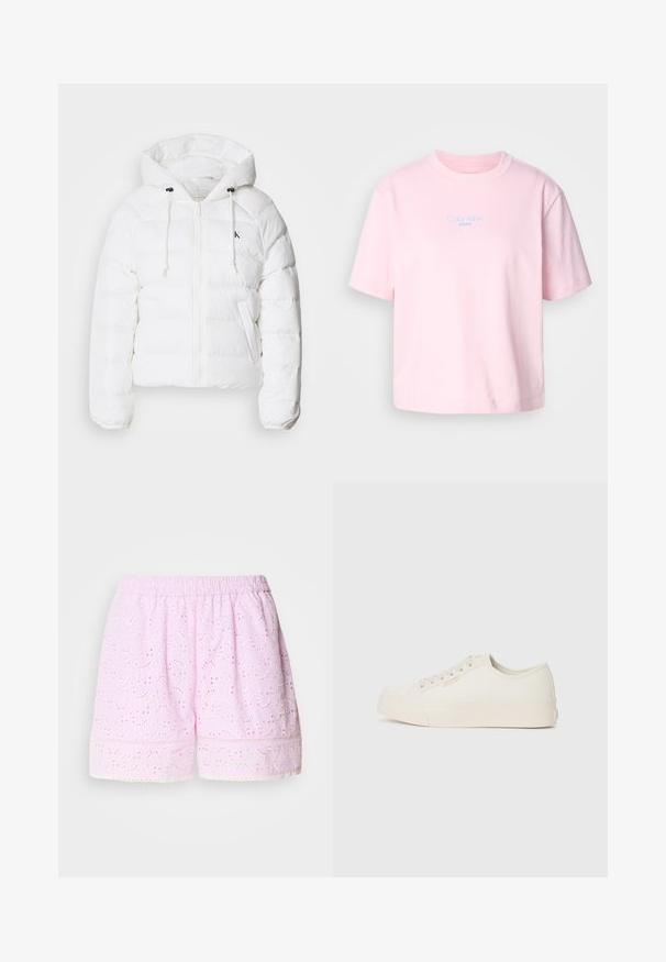 Calvin Klein Jeans LIGHTWEIGHT LOGO PUFFER - Zimska jakna - snow white; Roza bombažna majica s kratkimi rokavi in okroglim izrezom, s centralno postavljenim modrim logotipom "Calvin Klein JEANS" na prsih.; Roze bombažne kratke hlače z vezenim cvetličnim motivom, elastičnim pasom in čipkastim robom. Lahka in zračna tkanina.; Tenisice iz off-white platna, z nizkim dizajnom, okruglim prstom in ravnim gummy podplatom z nevsiljivo šivano podrobnostjo.