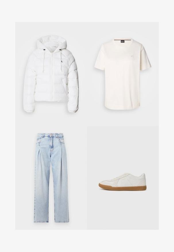 Calvin Klein Jeans LIGHTWEIGHT LOGO PUFFER - Veste d'hiver - snow white; T-shirt blanche en coton à manches courtes, col rond et avec un petit logo sur la poitrine. Texture lisse et ourlet droit.; Jeans en denim bleu clair avec taille haute, coupe large, deux poches latérales et design plissé. Texture douce avec une finition décolorée.; Baskets blanches avec une tige en cuir texturé et une semelle en caoutchouc gum. Les caractéristiques incluent un design à lacets et un discret logo de la marque sur le côté.