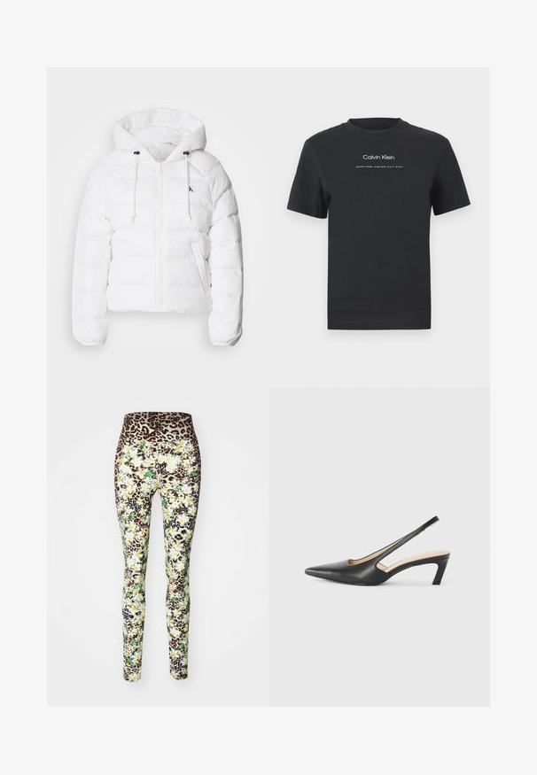 Calvin Klein Jeans LIGHTWEIGHT LOGO PUFFER - Zimná bunda - snow white; Čierne bavlnené tričko s okrúhlym výstrihom, kratkými rukávmi a bielou potlačou loga "Calvin Klein" a textu "Established 1968".; Legíny s leopardím vzorom na páse, kvetinovým vzorom v žltej a zelenej farbe, priliehavý strih, s čiernymi grafikami na dolných nohách.; Čierne slingback topánky s ostrou špičkou a nízkym opätkom, vyrobené z hladkej kože a s výrezmi na boku pre lepšiu priedušnosť.