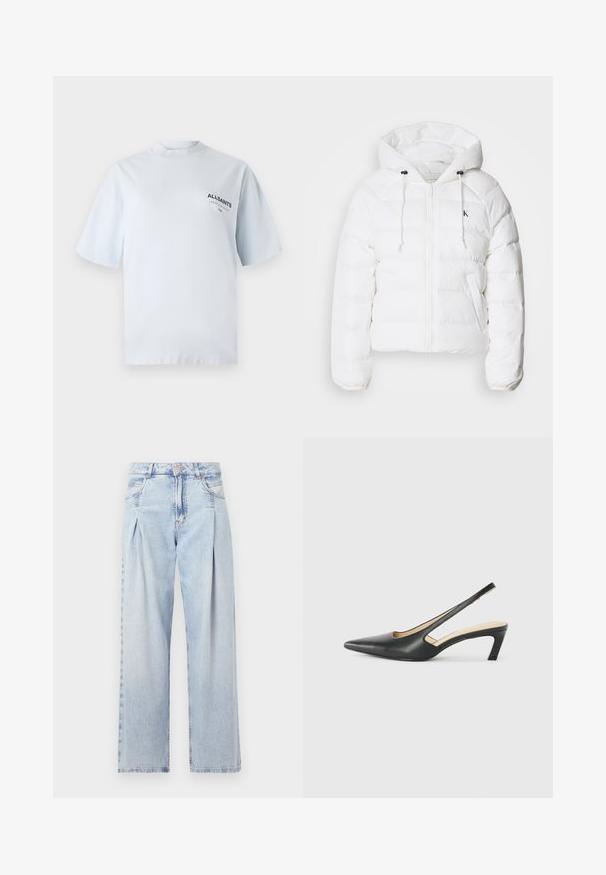 Calvin Klein Jeans LIGHTWEIGHT LOGO PUFFER - Talvitakki - snow white; Vaaleansininen puuvillapaita, jossa on lyhyet hihat ja korkea kaulus, jossa on pieni musta logo vasemmassa rinnassa.; Vaaleansiniset farkut, joissa on korkea vyötärö, leveälahkeinen leikkaus, kaksi sivutaskua ja pleatattu muotoilu. Pehmeä rakenne, jossa on haalistunut viimeistely.; Musta, kärjeltään terävä slingback-kengä, jossa on matala korko. Kengässä on sileä nahkamateriaali ja sivuilla leikkaukset hengittävyyttä varten.