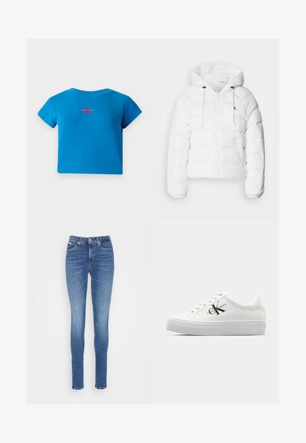 Calvin Klein Jeans LIGHTWEIGHT LOGO PUFFER - Winter jacket - snow white; Blue ribbed short-sleeve t-shirt with a round neckline, featuring a red and white "Calvin Klein" logo on the chest.; Skinny jeans in medium blue denim, featuring a high waist, smooth texture, two front pockets, and a single back pocket.; White platform sneakers with smooth synthetic upper, tonal laces, and a black logo. The raised rubber sole features horizontal ridges for traction.