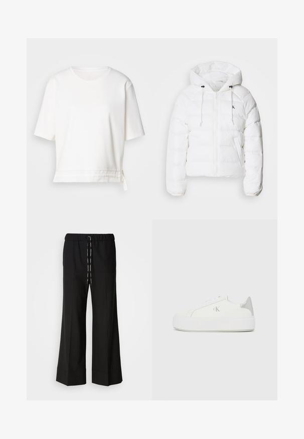 Calvin Klein Jeans LIGHTWEIGHT LOGO PUFFER - Vinterjakke - snow white; Hvit kortermet t-skjorte laget av myk stoff. Har rund hals og buet søm med en sidet-bind i bunnen.; Svarte, vide bukser med elastisk midje og svart snøring. Laget av glatt stoff uten synlige mønstre eller detaljer.; Hvite kanvas sneakers med en tykk hvit såle, med en metallisk sølvfarge aksent på hælen og subtile logo detaljer på siden.