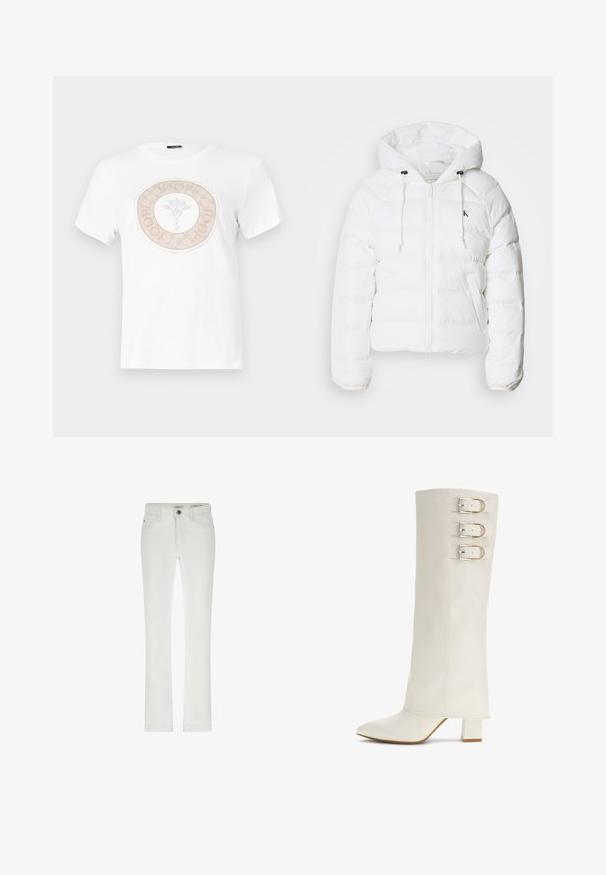 Calvin Klein Jeans LIGHTWEIGHT LOGO PUFFER - Winterjacke - snow white; Weißes Baumwoll-T-Shirt mit einem runden beigen Logodesign, das ein florales Motiv in der Mitte und Text am Rand zeigt.; Weiße Jeans in schlanker Passform, 5-Taschen-Design und kontrastierenden Nähten. Mit Knopfverschluss und subtiler Markenkennzeichnung am Bund.; Wadenhohe weiße Lederstiefel mit spitzer Zehe, drei metallischen Schnallen und einem quadratischen Blockabsatz. Glatte Textur, minimalistisches Design.