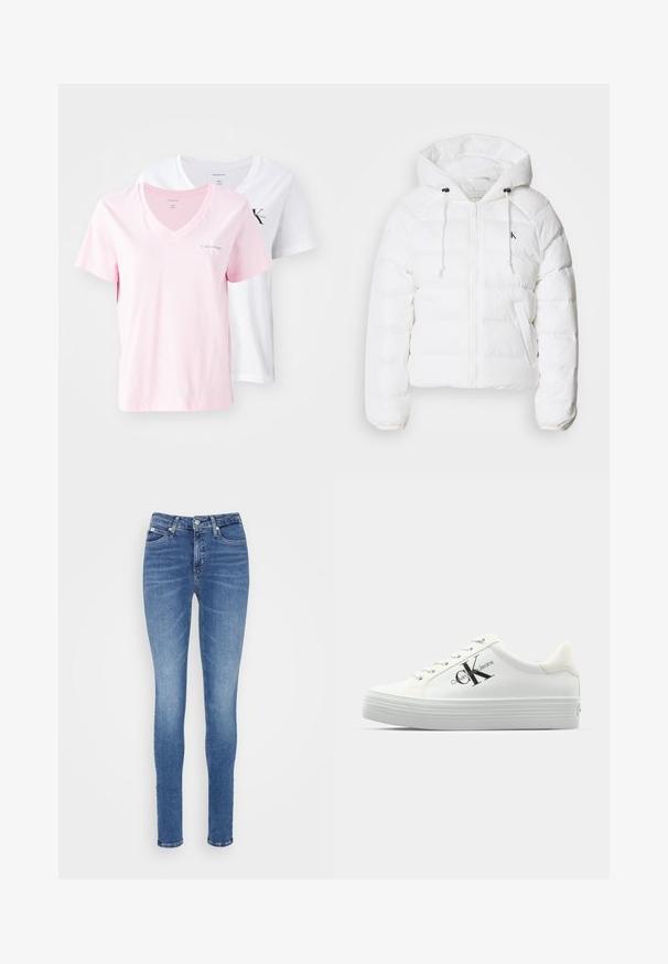 Calvin Klein Jeans LIGHTWEIGHT LOGO PUFFER - Casaco de inverno - snow white; Duas t-shirts de decote em V, uma rosa e uma branca, com mangas curtas e um logótipo minimalista no peito em cores contrastantes.; Jeans skinny em denim azul médio, com uma cintura alta, textura suave, dois bolsos frontais e um bolso traseiro.; Tênis plataforma brancos com parte superior sintética lisa, atacadores tonais e um logotipo preto. A sola de borracha elevada possui sulcos horizontais para tração.