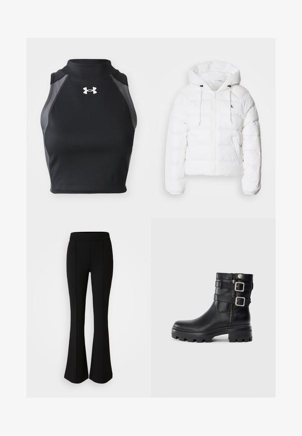 Calvin Klein Jeans LIGHTWEIGHT LOGO PUFFER - Winterjas - snow white; Zwart crop top met een hoge kraag, geribbelde textuur en grijze zijaccenten. Heeft een klein wit logo op de voorkant.; Zwarte flared broek gemaakt van een rekbaar materiaal met een gladde textuur, met naaddetails aan de voorkant voor extra ontwerp.; Zwarte leren enkellaarzen met dubbele gespaccenten, ritssluiting, chunky zool en een gladde textuur. Heeft een robuust en stylish ontwerp.