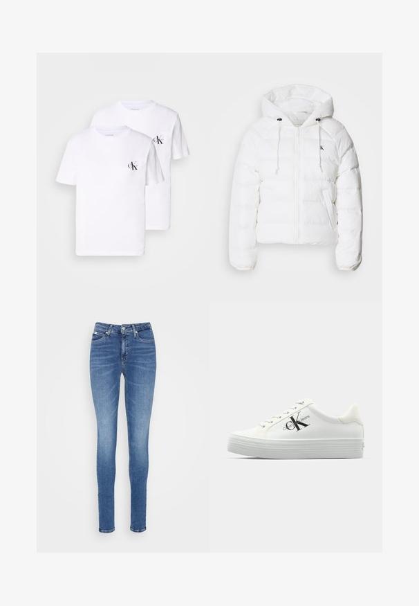 Calvin Klein Jeans LIGHTWEIGHT LOGO PUFFER - Vinterjakke - snow white; To hvite bomull t-skjorter med rund hals, med en liten svart "CK" logo på venstre brystområde. Myk tekstur, standard passform.; Smaljeans i medium blå denim, med høyt liv, glatt tekstur, to frontlommer og en enkelt baklomme.; Hvite plattform-sneakers med glatt syntetisk overdel, tonale lisser og en svart logo. Den hevede gummisålen har horisontale riller for bedre grep.