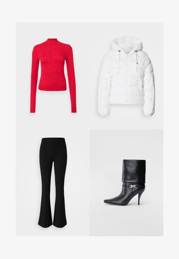 Calvin Klein Jeans LIGHTWEIGHT LOGO PUFFER - Winterjacke - snow white; Rotes Langarmoberteil mit hohem Kragen, versehen mit einem schwarzen Blumenmuster, aus geripptem Stoff für ein strukturiertes Aussehen.; Schwarze, ausgestellte Hose aus einem dehnbaren Material mit glatter Textur, ausgestattet mit Nahtdetails an der Vorderseite für ein zusätzliches Designelement.; Schwarze Leder-Ankle-Boots mit spitzer Zehenpartie, hohen Stiletto-Absätzen, umgeschlagenem Schaft und einem goldenen dekorativen Schnallen-Detail an der Knöchel.