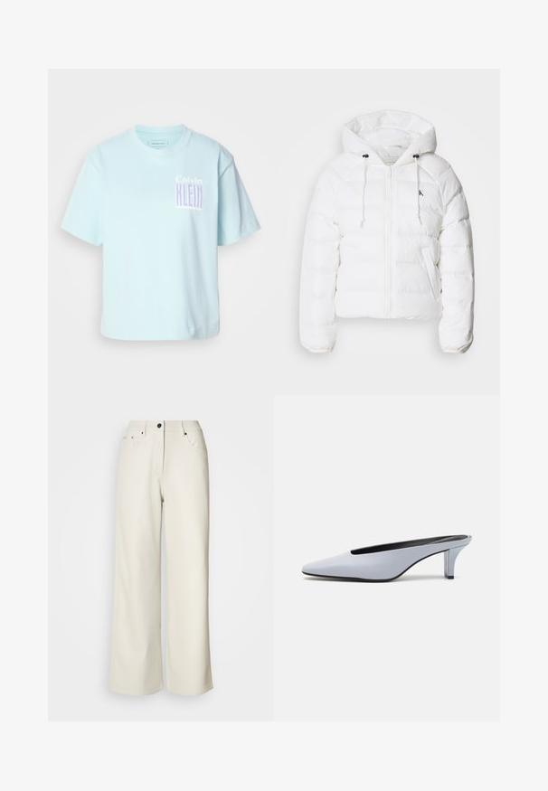 Calvin Klein Jeans LIGHTWEIGHT LOGO PUFFER - Talvitakki - snow white; Vaaleansininen puuvillainen T-paita, jossa on pyöreä kaula-aukko ja lyhyet hihat. Etupuolella on graafinen kuvasto, jossa lukee "Calvin Klein" violetilla.; Kerman leveälahkeiset housut, jotka on valmistettu sileästä kankaasta. Ominaisuuksiin kuuluvat keskikorkea vyötärö, vetoketjukiinnitys ja kaksi etutaskua mustilla metalliosilla.; Vaaleansiniset patentoidut korkokengät, joissa on terävä kärki, matala läpinäkyvä korko ja tyylikäs muotoilu, jossa on aukko vampissa.
