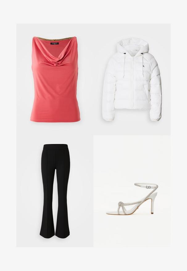 Calvin Klein Jeans LIGHTWEIGHT LOGO PUFFER - Giacca invernale - snow white; Top senza maniche color corallo con scollatura drappeggiata e dettaglio in catena dorata al colletto. Tessuto liscio e elasticizzato con una forma aderente e senza motivi.; Pantaloni neri a zampa d'elefante realizzati in un materiale elastico con una texture liscia, caratterizzati da dettagli delle cuciture lungo la parte anteriore per un tocco di design in più.; Sandal con tacco alto bianco con cinturino testurizzato e strass, design aperto sulla punta e cinturino alla caviglia con fibbia regolabile.