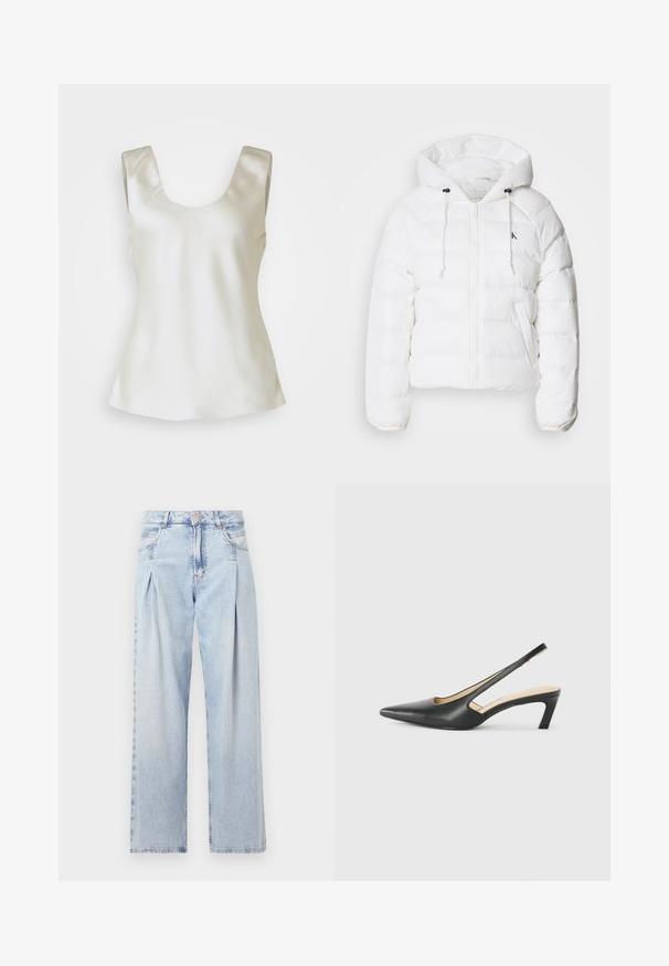 Calvin Klein Jeans LIGHTWEIGHT LOGO PUFFER - Ziemas jaka - snow white; Satin balta bezpiedurkņu blūze ar noapaļotu dekoltē, ar gludu tekstūru un nedaudz izplešanos apakšmalā, nodrošinot brīvu piegriezumu.; Gaiši zilas džinsu bikses ar augstu jostasvietu, plats kāju griezumu, divām sānu kabatām un krokotā dizaina akcentiem. Mīksta tekstūra ar izdilušu apdari.; Melna, ar smailu purngalu, slingback kurpe ar zemu papēdi, izgatavota no gludas ādas materiāla un ar izgriezumiem sānos gaisa caurlaidībai.