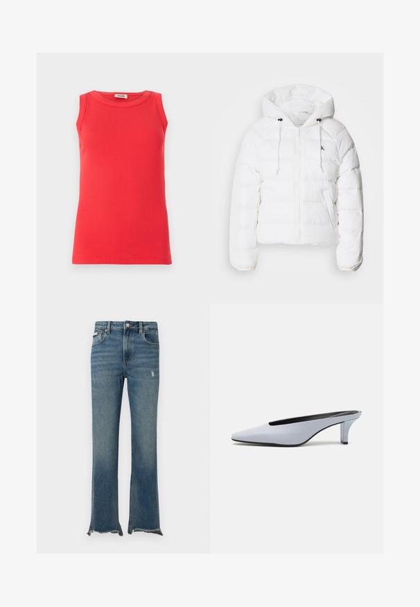 Calvin Klein Jeans LIGHTWEIGHT LOGO PUFFER - Winterjas - snow white; Rode mouwloze top van ribstof, met een ronde halslijn en een aansluitende pasvorm. Minimalistisch ontwerp zonder zichtbare patronen of accenten.; Blauwe spijkerbroek van denim met lichte slijtage, ruwe rafelige zomen, voorzakken, riemlussen en een knoopsluiting.; Lichtblauwe patentleren mule met een spitse neus, een lage doorzichtige hak, en een strak ontwerp met een uitsparing bij de vamp.