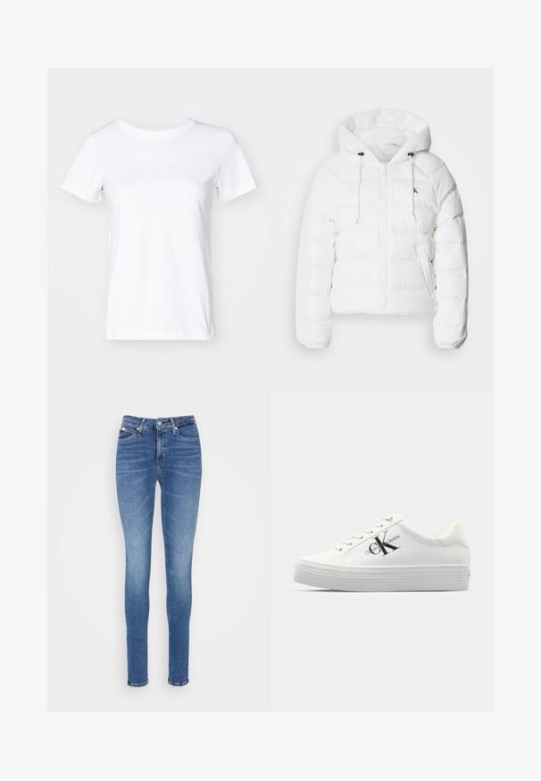 Calvin Klein Jeans LIGHTWEIGHT LOGO PUFFER - Talvitakki - snow white; Valkoinen puuvillapaita lyhyillä hihoilla, pyöreällä kaula-aukolla ja hillityllä logotekstillä edessä. Sileä pinta, klassinen malli.; Kapeet siniset skinny-farkut, joissa on korkea vyötärö, sileä pinta, kaksi etutaskua ja yksi takatasku.; Valkoiset platform-vaihtoehtoiset tennarit, joissa on sileä synteettinen päällinen, tonaliset nauhat ja musta logo. Kohotettu kumipohja sisältää vaakasuoria uria pitoon.