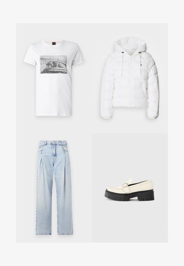 Calvin Klein Jeans LIGHTWEIGHT LOGO PUFFER - Vinterjakke - snow white; Hvit bomull T-skjorte med et svart-hvitt grafisk trykk foran som viser en scene av hevede hender inne i et kjøretøy.; Lyseblå denimjeans med høy livlinje, vide ben, to sidelommer og plisserte detaljer. Myk tekstur med en falmet finish.; Hvit skinnloafers med tykk svart plattformsåle, utstyrt med en rektangulær sølvspenne og synlige sømdetaljer på oversiden.