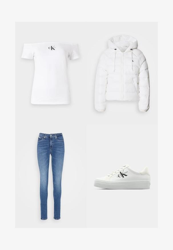 Calvin Klein Jeans LIGHTWEIGHT LOGO PUFFER - Zimní bunda - snow white; Bílé tričko bez ramínek, krátké rukávy, bavlněný materiál, na přední straně je vytištěné černé logo "CK" a text. Hladký povrch.; Úzké džíny ze středně modrého denimu, s vysokým pasem, hladkým povrchem, dvěma předními kapsami a jednou zadní kapsou.; Bílé platformové tenisky s hladkým syntetickým svrškem, tónovanými tkaničkami a černým logem. Zvýšená gumová podrážka má vodorovné drážky pro lepší trakci.