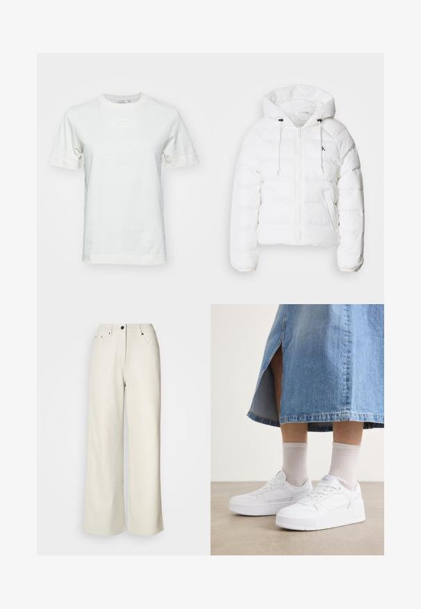 Calvin Klein Jeans LIGHTWEIGHT LOGO PUFFER - Vinterjacka - snow white; Vit bomullströja med korta ärmar, rund halsringning och en texturerad "LACOSTE"-logotyp på framsidan. Snyggt tyg med normal passform.; Krämfärgade vida byxor i slätt tyg. Har en mid-rise midja, dragkedja fram och två framfickor med svarta detaljer.; Vita sneakers med strukturerad läder, med en plattformssula, rund tå och snörningssystem; i kombination med ljusgrå ankelsockor och en denimkjol.