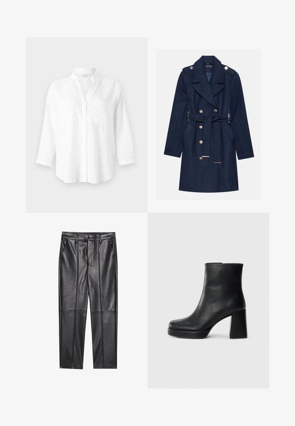 Marineblå uldfrakke med dobbeltknaplukning, store klapelommer, guldtonede knapper og en taljeartikel. Har sidelommer og en struktureret overflade.; Hvid skjorte i linned med krave, lange ærmer og to forlommer. Den har knaplukning og en afslappet, let buet underkant.; Sorte læderbukser med en glat overflade, der har lige pasform, to forlommer og synlige sømdetaljer.; Sort læder ankelstøvle med blokhæl og platformssål, set fra siden på en ensfarvet hvid baggrund.
