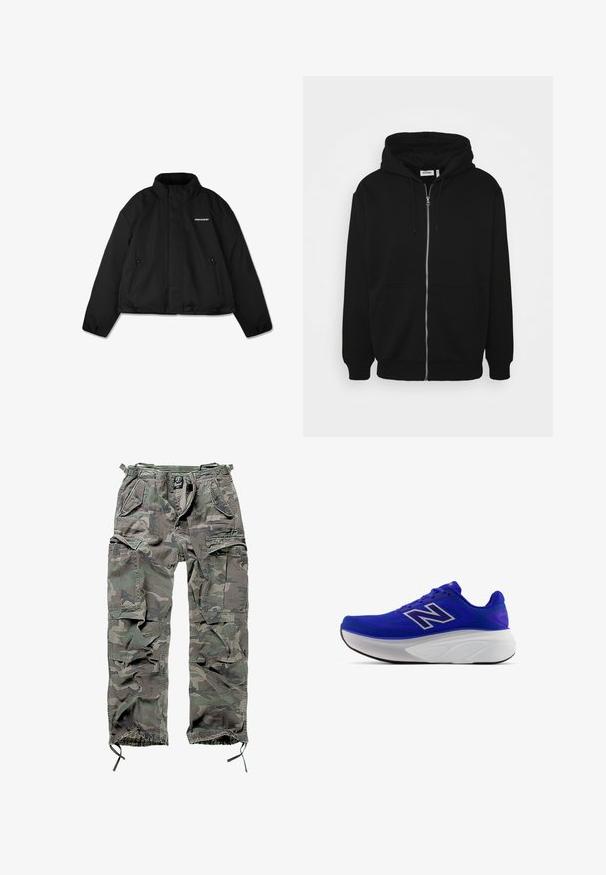 Juoda paminta striukė su aukštu apykakle, užtrauktuku užsegamomis šoninėmis kišenėmis ir prekės ženklu ant krūtinės. Lygus paviršius, trumpa forma.; Juodas užtraukiamas džemperis su reguliuojamu gobtuvu, priekinėmis kišenėmis, raištelių rankovėmis ir lygiu audinio paviršiumi. Viduje matoma centrinė prekės ženklo etiketė.; Balta medvilninė marškinėlių užsagėlė su trumpomis rankovėmis, apvaliu kaklu, laisva forma ir be matomų logotipų ar raštų. Lygi tekstūra ir minimalus dizainas.; Žali ir pilki kamufliažo krovinių kelnės, su keliais kišenėmis, elastingu juosmeniu, reguliuojamais kulkšnies užsegimais ir laisvu siluetu.; Violet sportiniai bateliai su kvėpuojančiu tinklo viršumi, kreiviu baltu viduriu ir juodu padu. Sidabrinis logotipo akcentas šone.