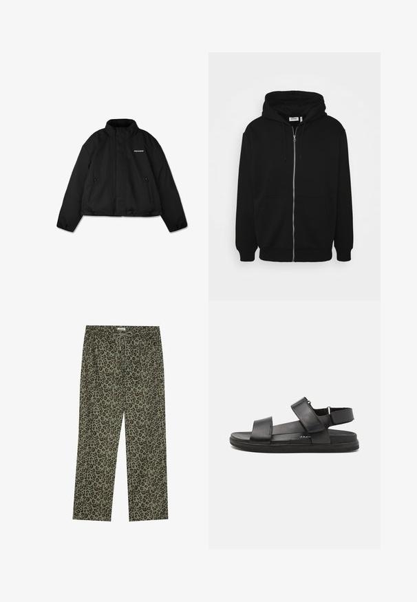 Veste rembourrée noire avec un col montant, poches latérales zippées et un logo de marque sur la poitrine. Fini lisse, design court.; Haut à capuche zippé noir avec un cordon de serrage, poches avant, poignets côtelés et une texture de tissu lisse. Étiquette de marque centrale visible à l'intérieur.; T-shirt en coton blanc avec des manches courtes, un col rond, une coupe décontractée et sans logos ni motifs visibles. Texture lisse et design minimaliste.; Pantalon en imprimé léopard olive, fabriqué en tissu doux, avec une taille élastique et un cordon de serrage pour un ajustement réglable.; Des sandales en cuir noir présentent deux larges bretelles sur le pied, une bride arrière ajustable et une semelle en caoutchouc texturé pour une meilleure adhérence.