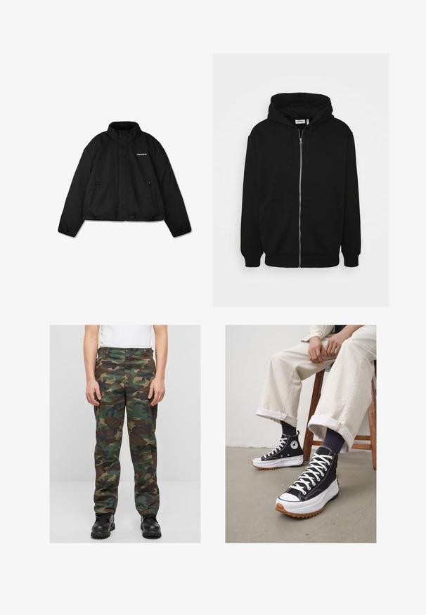 Czarna ocieplana kurtka z wysokim kołnierzem, zapinanymi na zamek kieszeniami bocznymi oraz logiem marki na piersi. Gładkie wykończenie, krótki fason.; Czarna bluza z zamkiem błyskawicznym, ze sznurkiem w kapturze, przednimi kieszeniami, ściągaczami na mankietach oraz gładką fakturą materiału. Wewnętrzna etykieta z logo znajduje się na środku.; Biała bawełniana koszulka z krótkimi rękawami, okrągłym dekoltem, luźnym krojem i bez widocznych logo lub wzorów. Gładka tekstura i minimalistyczny design.; Spodnie cargo w kamuflażu w odcieniach zieleni, brązu i czerni. Wykonane z solidnego materiału, o luźnym kroju i bocznych kieszeniach. Zapięcie na guzik.; Czarne sneakersy typu high-top z białymi sznurówkami i gumowym noskiem. Gruba biała podeszwa z teksturowaną brązową podeszwą zewnętrzną, noszone z pasiastymi skarpetami w kolorze granatowym.